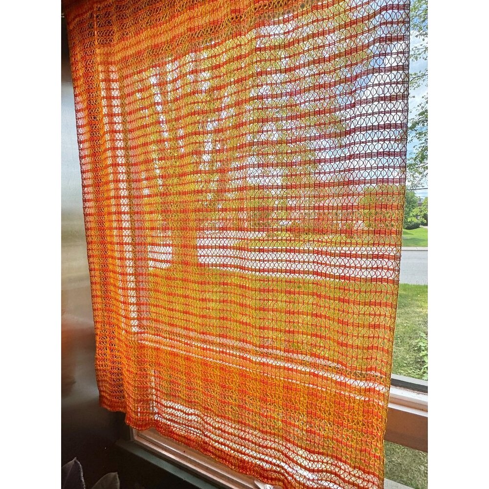 Vintage 70s net woven curtain, orange yellow stripes, open wide mesh panel